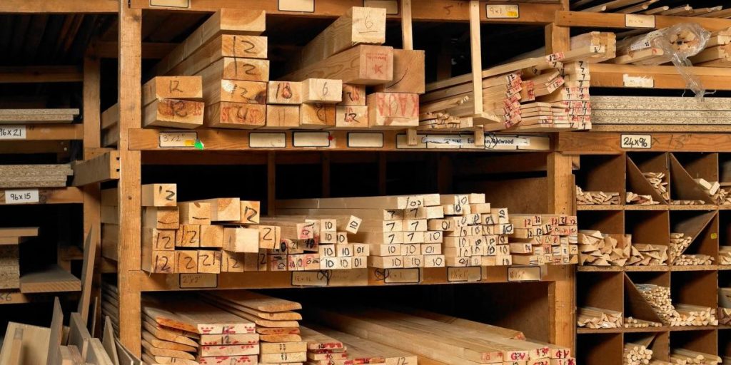 High-quality cedar and pressure-treated lumber planks stored on shelves in a woodworking shop.