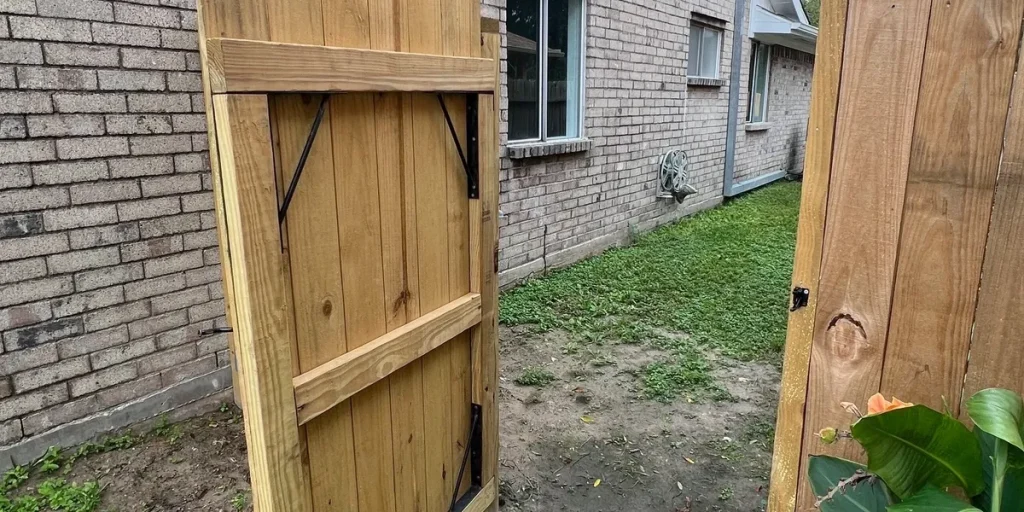 New wooden fence gate installation with heavy-duty metal bracing for durability